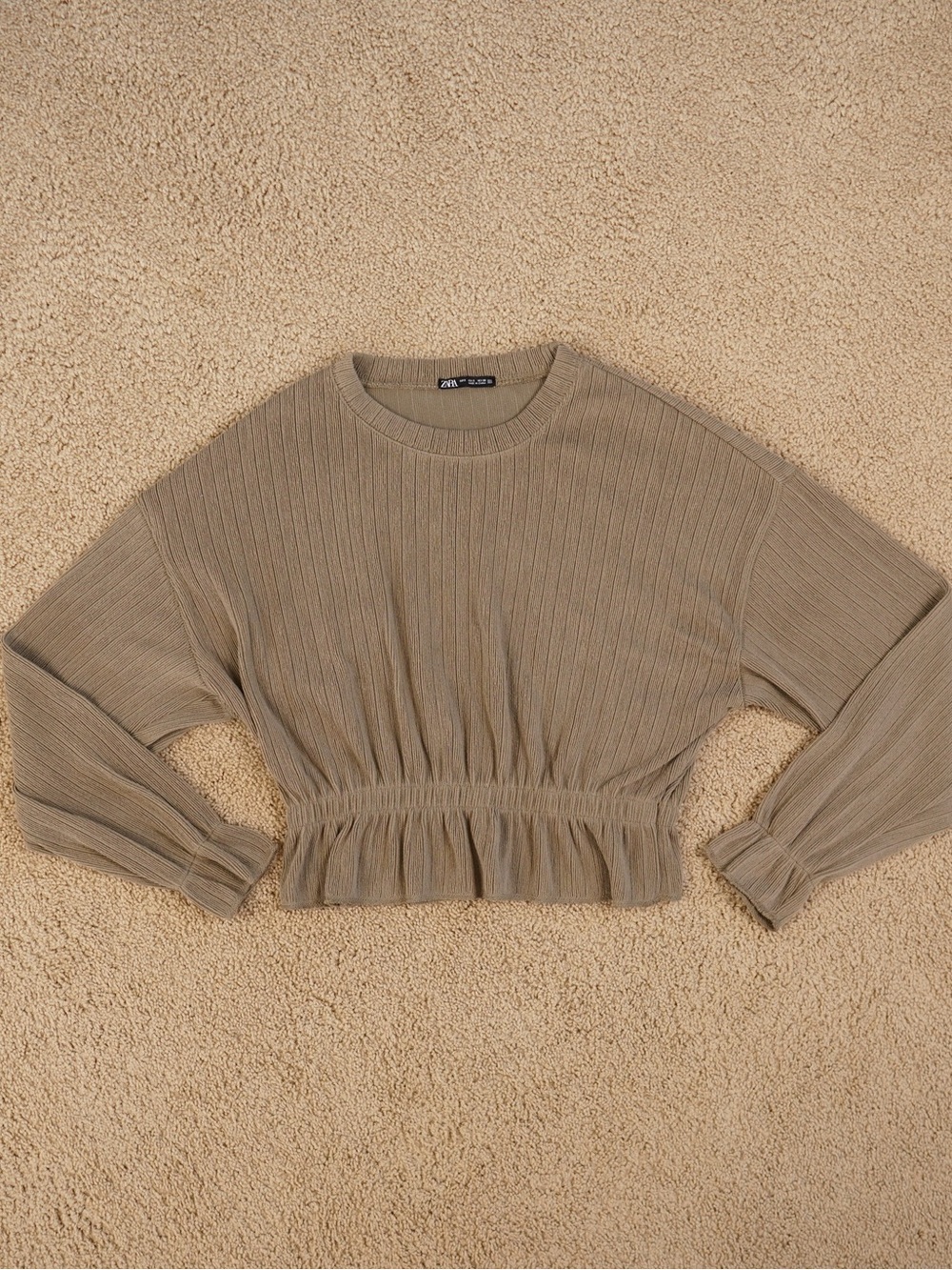 Zara Taupe Ribbed Cinch-Waist Long Sleeve Top